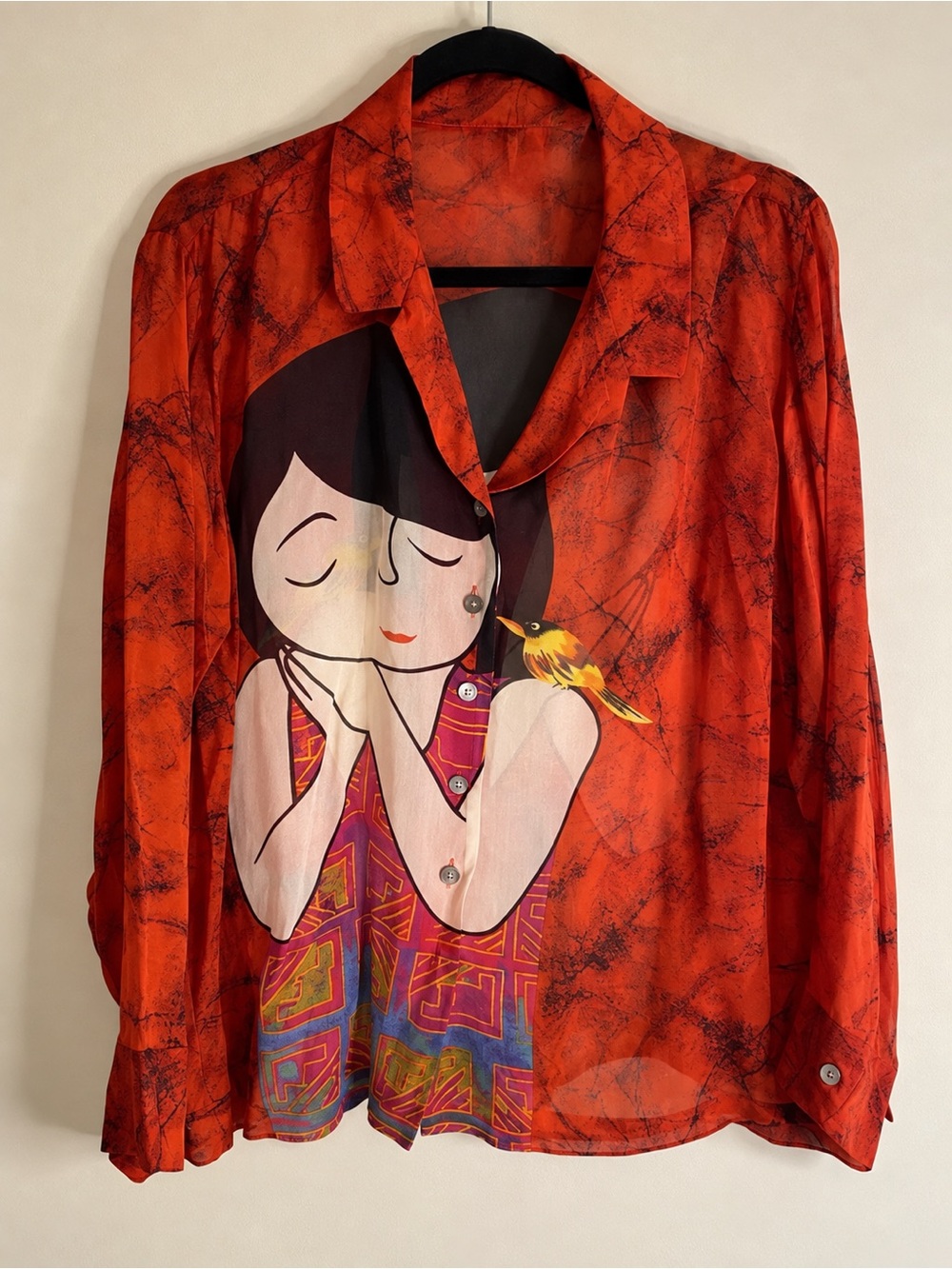 Chico’s Red Silk Graphic Asian Print Blouse Size Large NWOT
